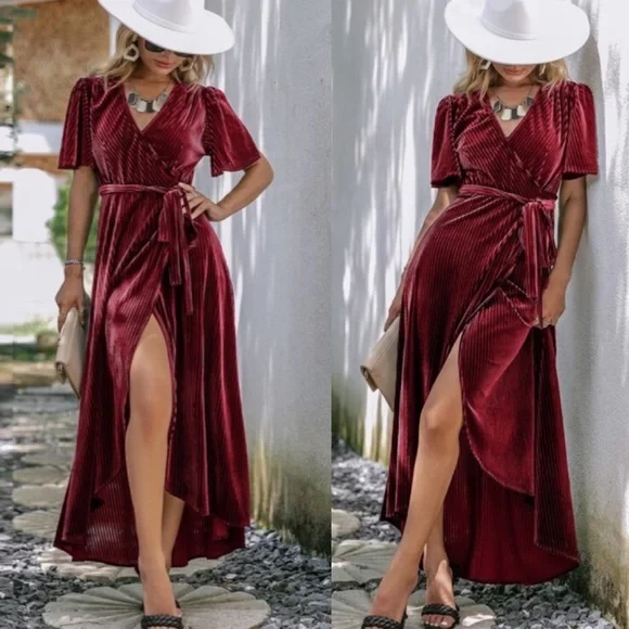 Dresses | Boho Ribbed Velvet Butterfly Sleeve Belted Maxi Dress Burgundy |  Poshmark